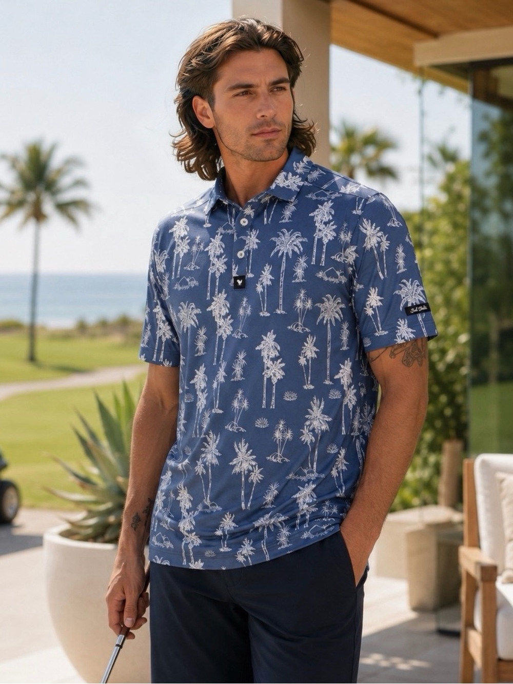 Bad Birdie Thermal Golf Polo Men L Blue White Palm Tree Performance Shirt